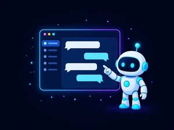 Robot mascot pointing at an app window with a sidebar and chat bubbles