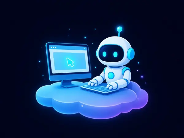Robot mascot typing at a computer on a cloud