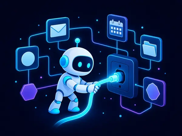 Robot mascot plugging a cable into a socket linked to app icons