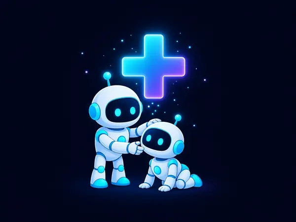 Robot mascot assembling a second smaller robot