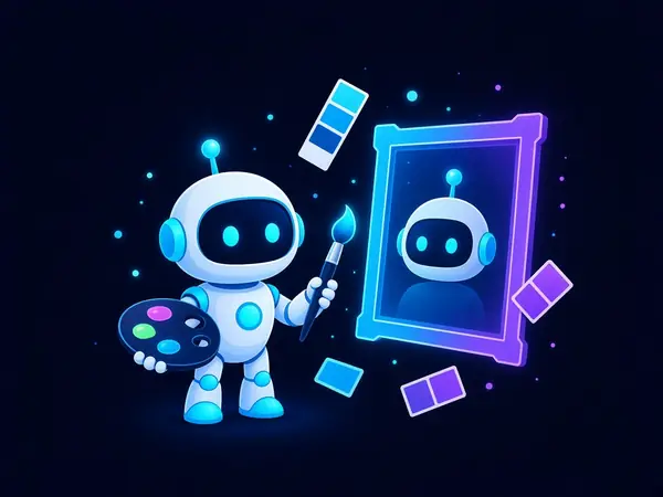 Robot mascot with a paint palette beside a framed robot portrait