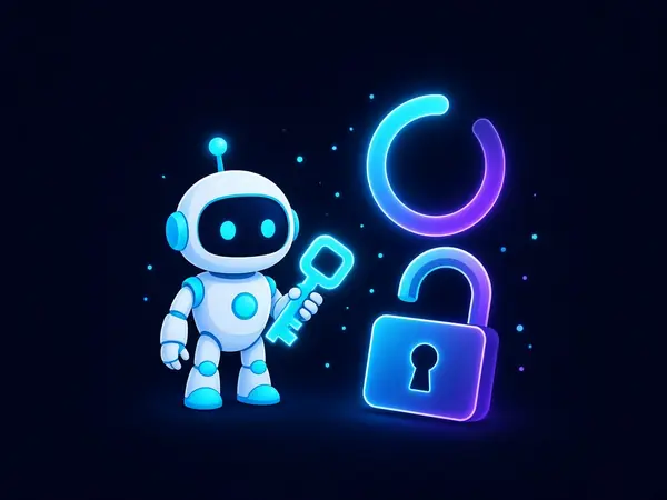 Robot mascot holding a key next to an unlocking padlock