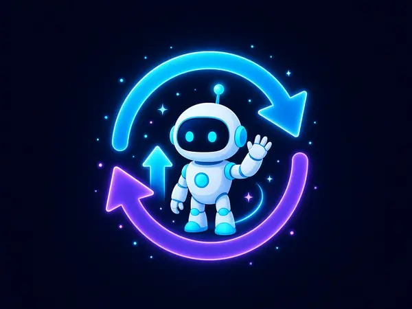 Robot mascot inside circular refresh arrows