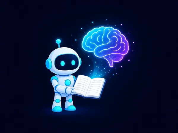 Robot mascot holding a notebook under a glowing brain