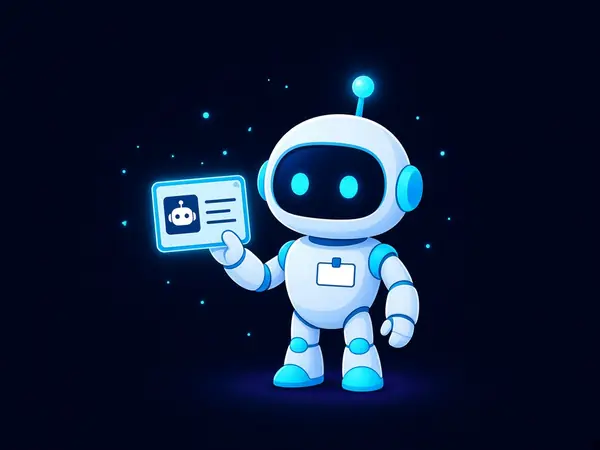 Robot mascot with a name tag holding an ID card