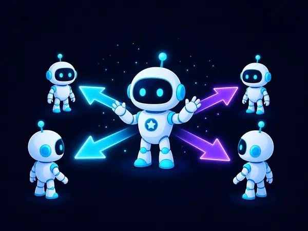 Robot mascot directing arrows to several smaller robots