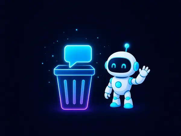 Robot mascot waving as a chat bubble drops into a trash bin