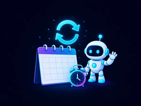 Robot mascot beside a calendar, alarm clock and repeat arrows
