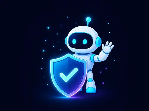 Robot mascot behind a shield with a check mark