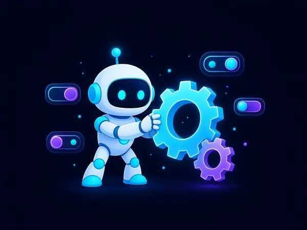 Robot mascot turning a large settings gear with toggle switches