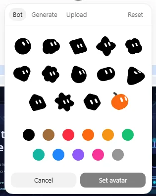 The Edit Avatar window with Bot, Generate and Upload tabs and a Reset link; the Bot tab shows a grid of character shapes and a row of color swatches, with Cancel and Set avatar buttons