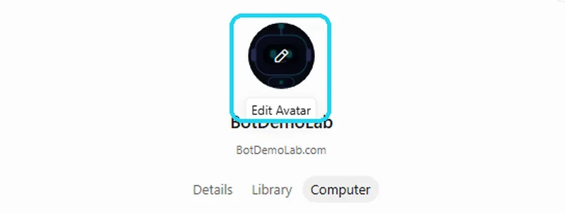 The top of a bot's info pane: hovering over the bot's round picture shows a pencil icon and an Edit Avatar button, outlined in cyan