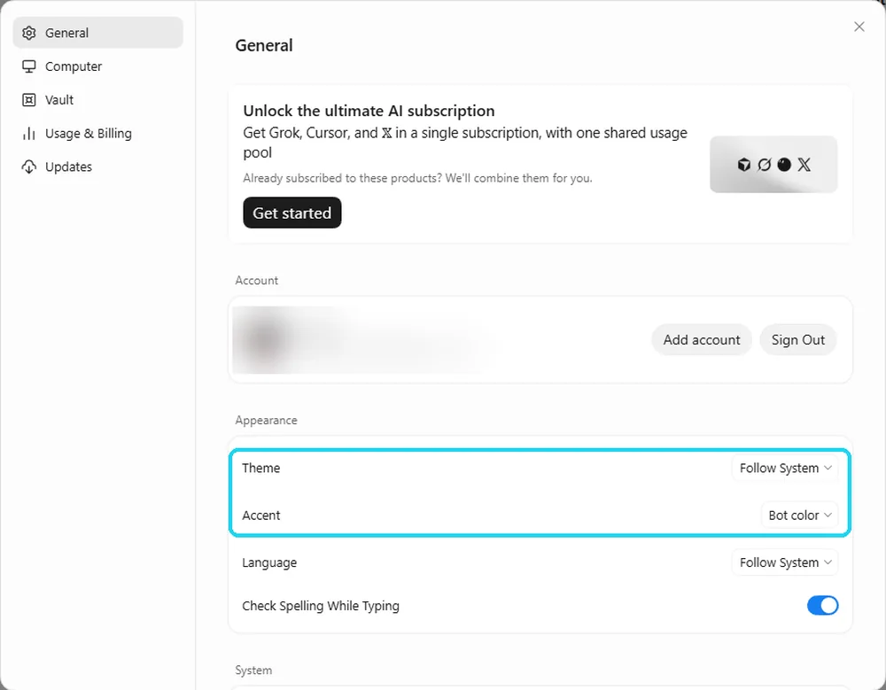 Grok Bot Settings on the General tab with the Theme row (set to Follow System) and the Accent row (set to Bot color) outlined in cyan under Appearance