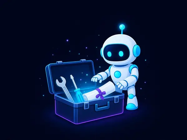 Robot mascot opening a toolbox with tools and a blueprint