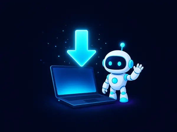 Robot mascot beside a laptop with a glowing download arrow